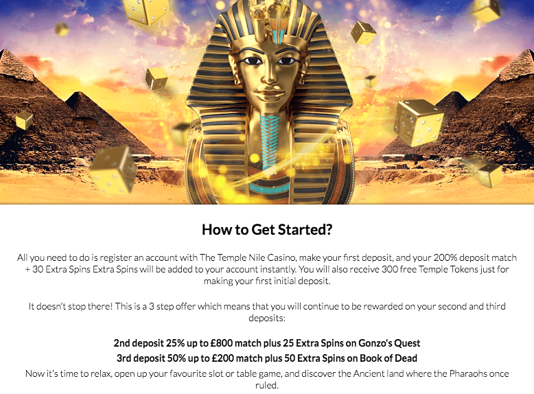 ♛ 25% Second Deposit Bonus up to $800 + 25 Extra Spins on Gonzo’s Quest at Temple Nile