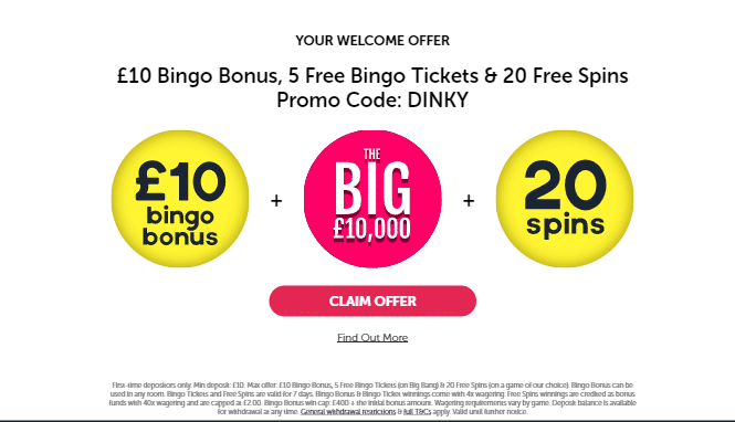 ♛ First Deposit Bonus: $30 Bingo + 10 Extra Spins + 5 Bingo Tickets at Dinky Bingo Casino