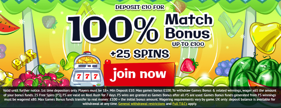 ♛ 100% up to $100 + 25 Spins on Reel Rush as Welcome Bonus at Spinzilla