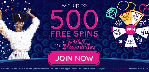 ♛ First Deposit Bonus up to 500 Free Spins on Fluffy Favourites at Bingo Games