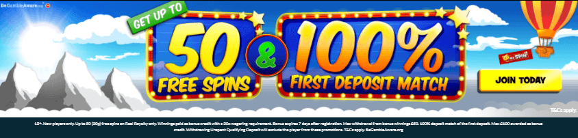 ♛ Welcome Bonus of up to 50 No Deposit Spins on Reel Royalty + 100% up to $100