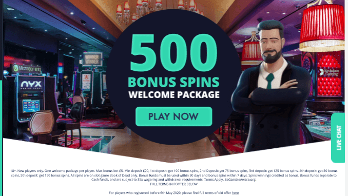 ♛ Welcome Package: Up to 500 Bonus Spins on Book of Dead