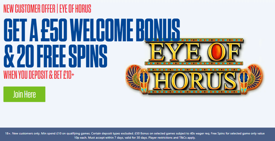 ♛ 500% First Deposit Bonus up to $50 + 20 Eye of Horus Spins