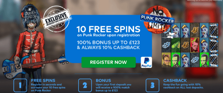 ♛ 10 Spins on Punk Rocker as Registration Bonus